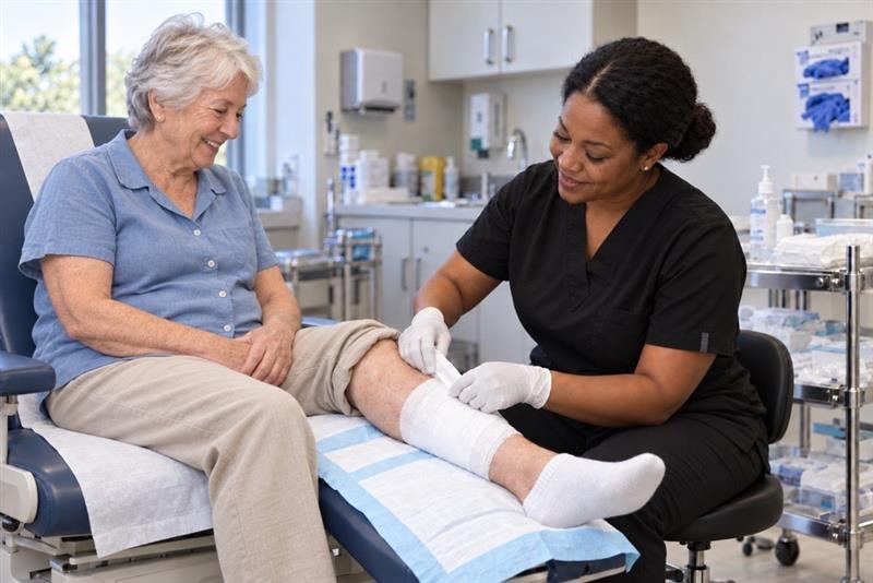 A CuraWell clinician dressing a patient leg wound