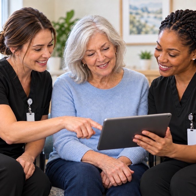 CuraWell clinicians reviewing a care plan with a patient