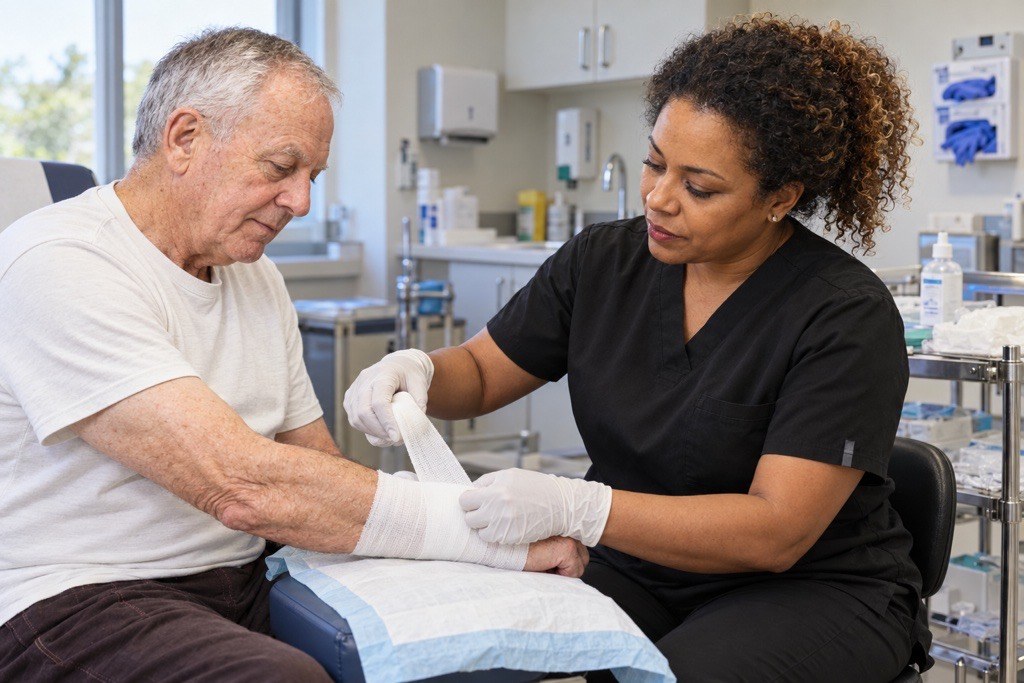 A CuraWell clinician assessing a patient