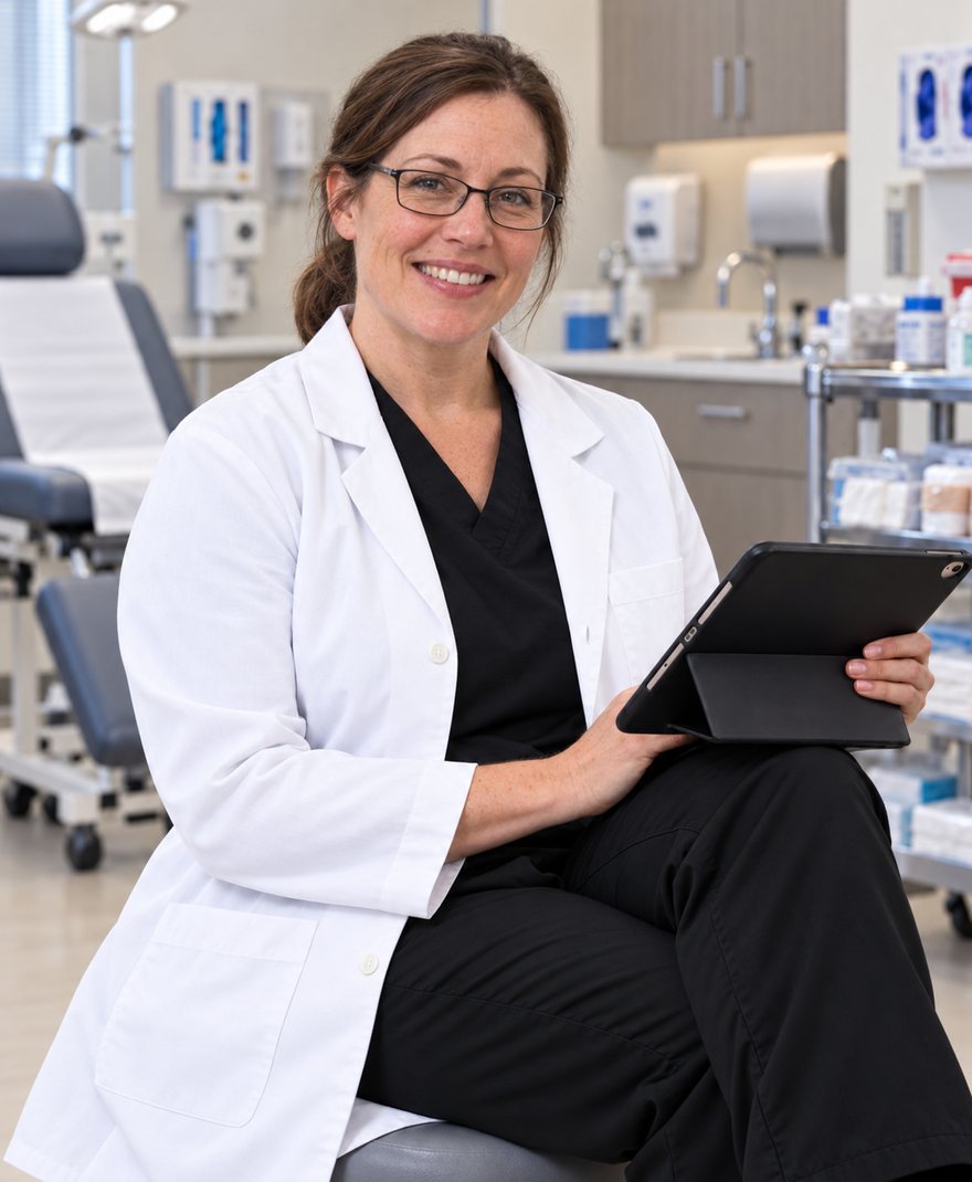 A CuraWell provider reviewing a patient care plan in the clinic